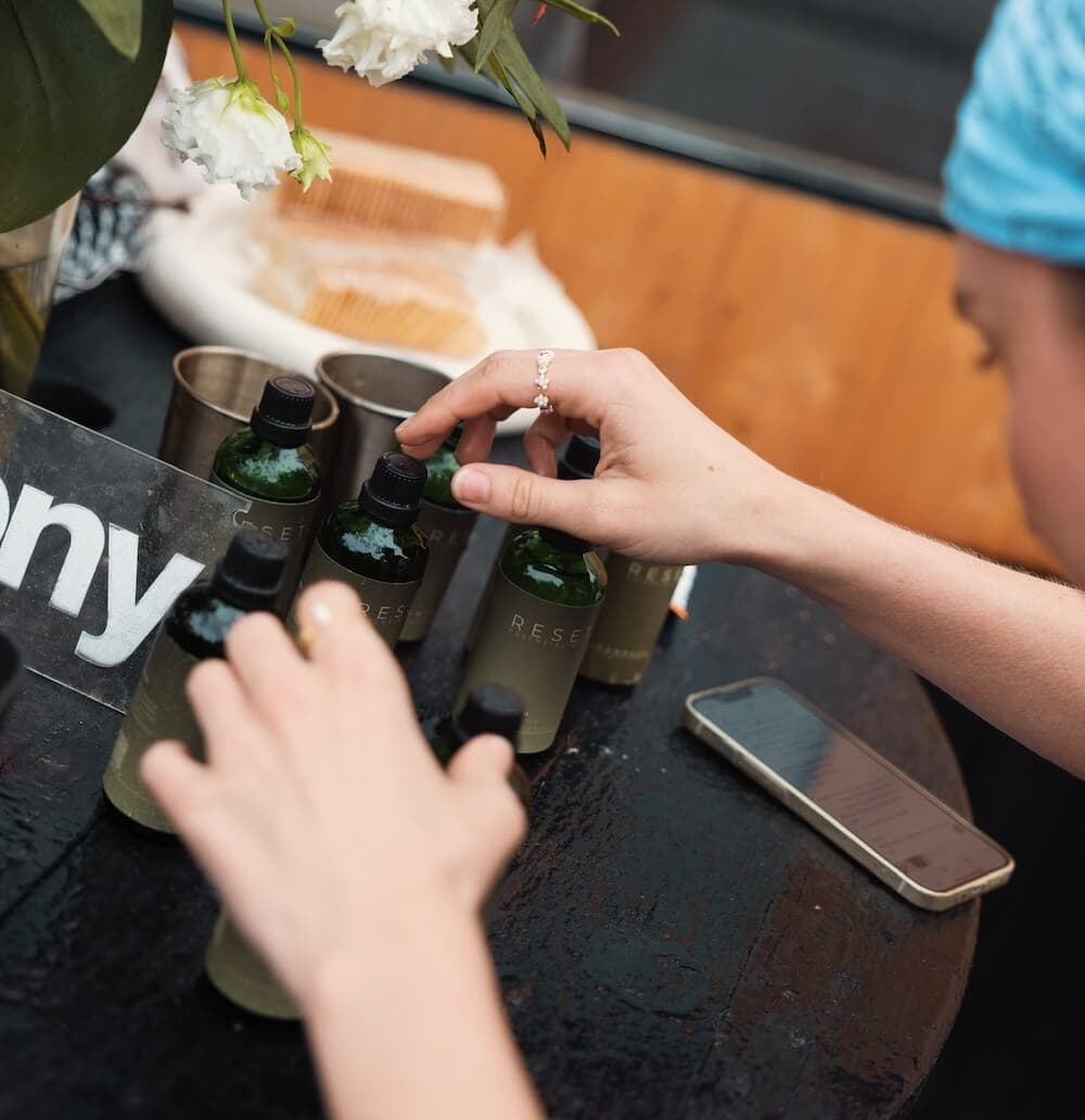 RESET Essentials aroma oils arranged for a SaunaGus session