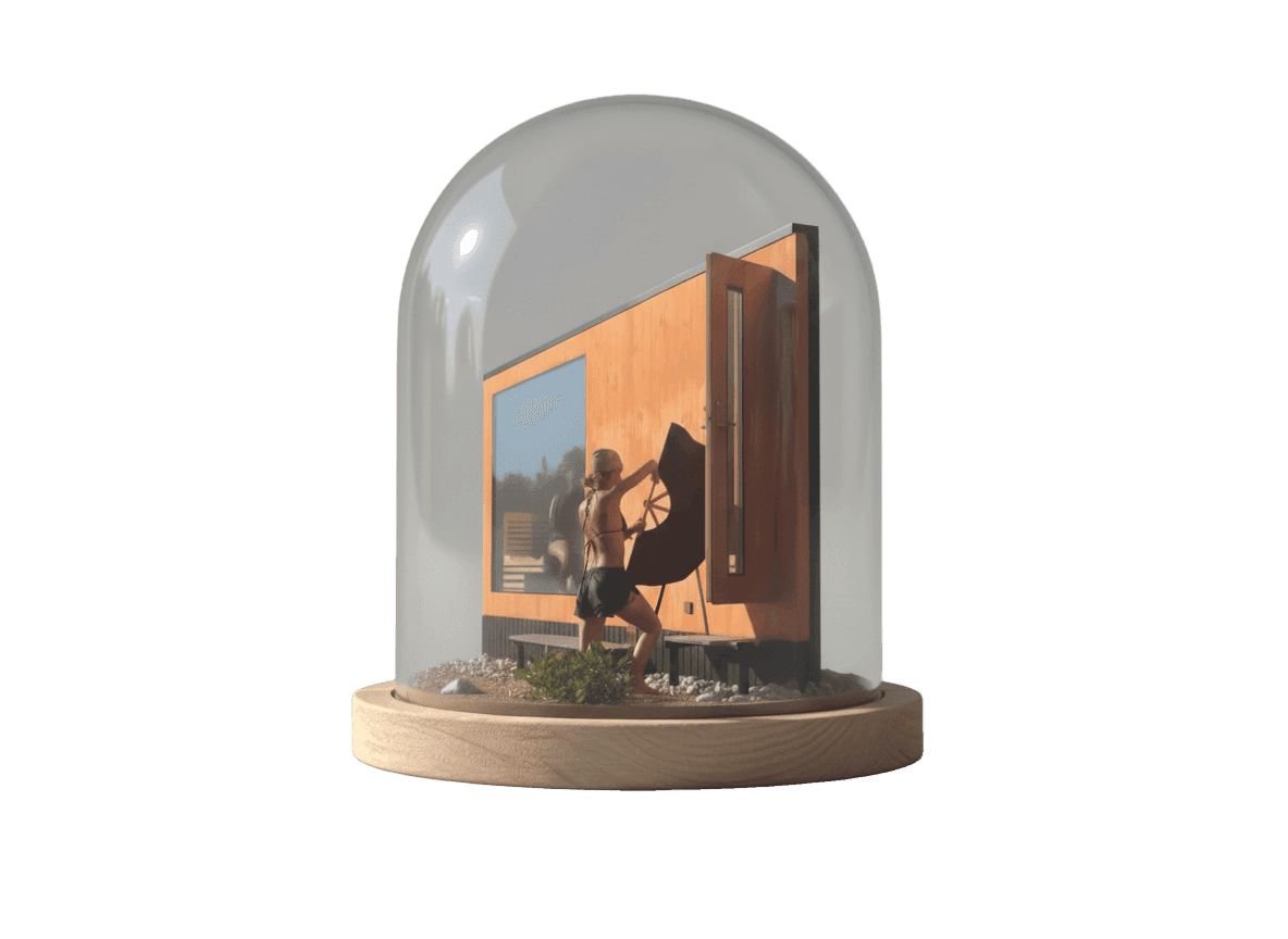 Illustrated gus master waving outside the sauna.