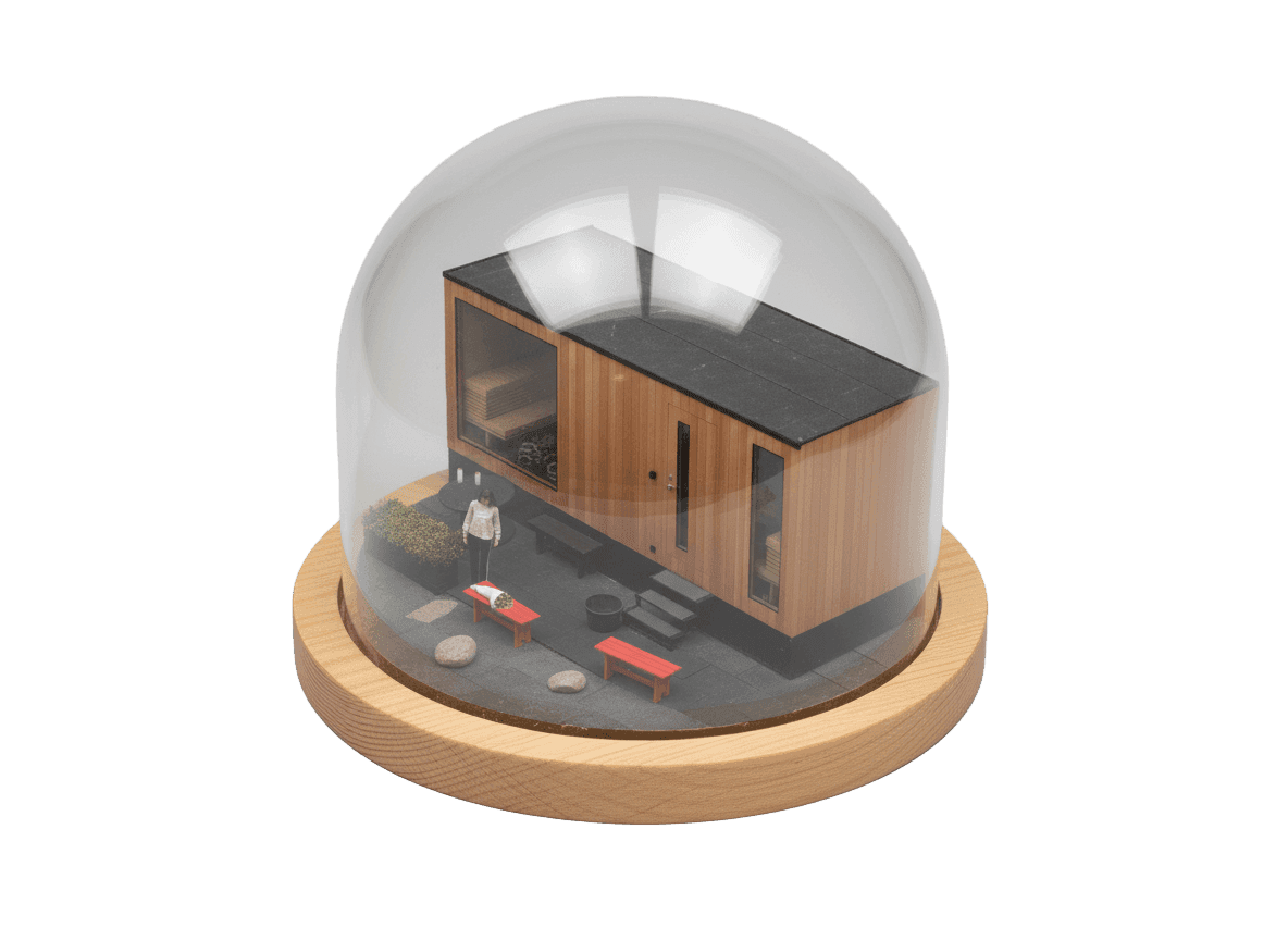 Illustrated sauna house with warm light pouring from the doorway.