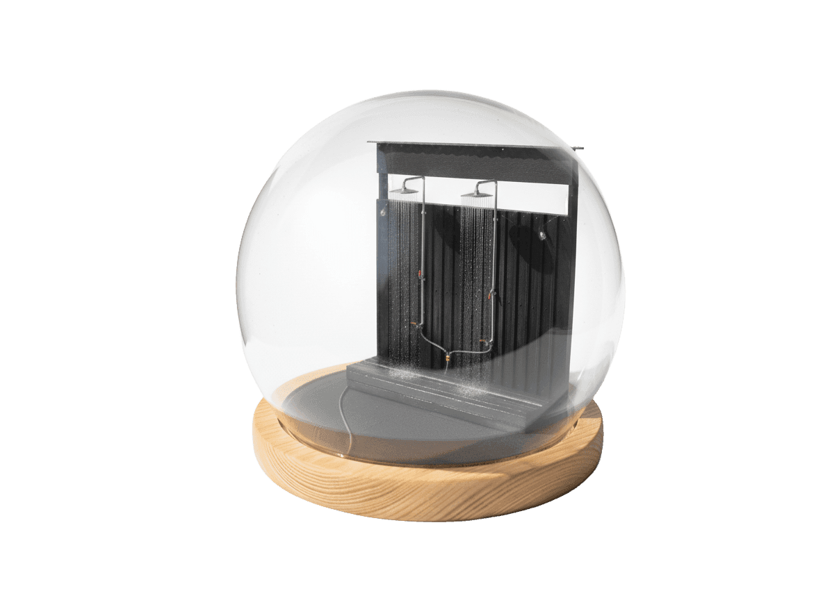 Illustrated shower room with steam and hanging towels.